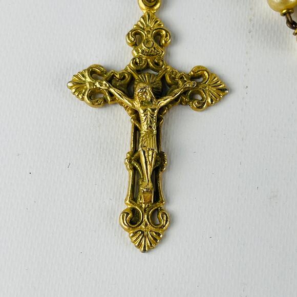 Our Lady of Lourdes Rosary St. Bernedette Gold Tone Faux Pearl - Picture 2 of 6